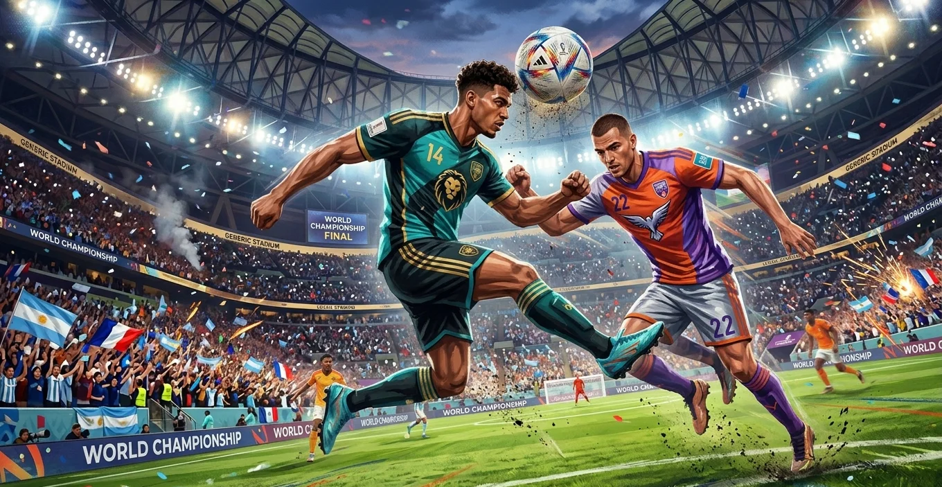 Players competing in a header duel during a FIFA World Cup final knockout match
