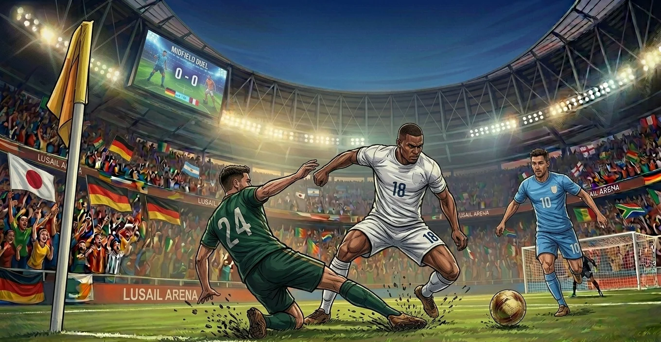 Midfield action with a sliding tackle at FIFA World Cup 2026