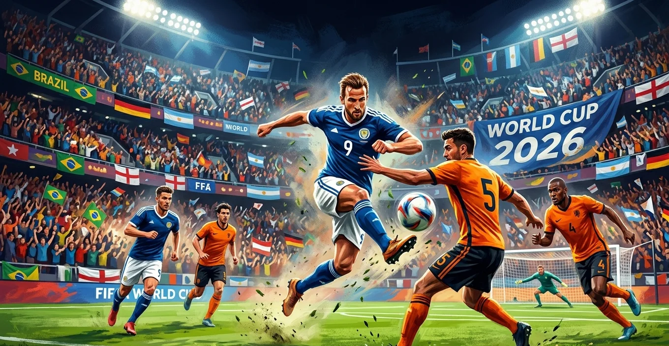 FIFA World Cup 2026 match action with players competing for the ball